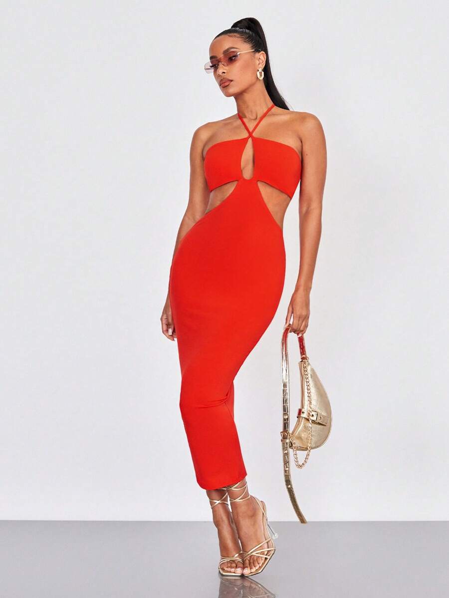 SHEIN BAE Đầm Lộ Lưng Cắt ra Buộc lại màu trơn Gợi cảm - Màu Cam san hô - Xem 1