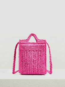 SHEIN VCAY 小鉤針編織袋素色熱粉色度假適合夏天旅行戶外 - 玫紅色 - 查看 4