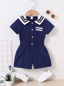 SHEIN Toddler Boys Contrast Collar Button Front Shirt Romper - Navy Blue - View 1