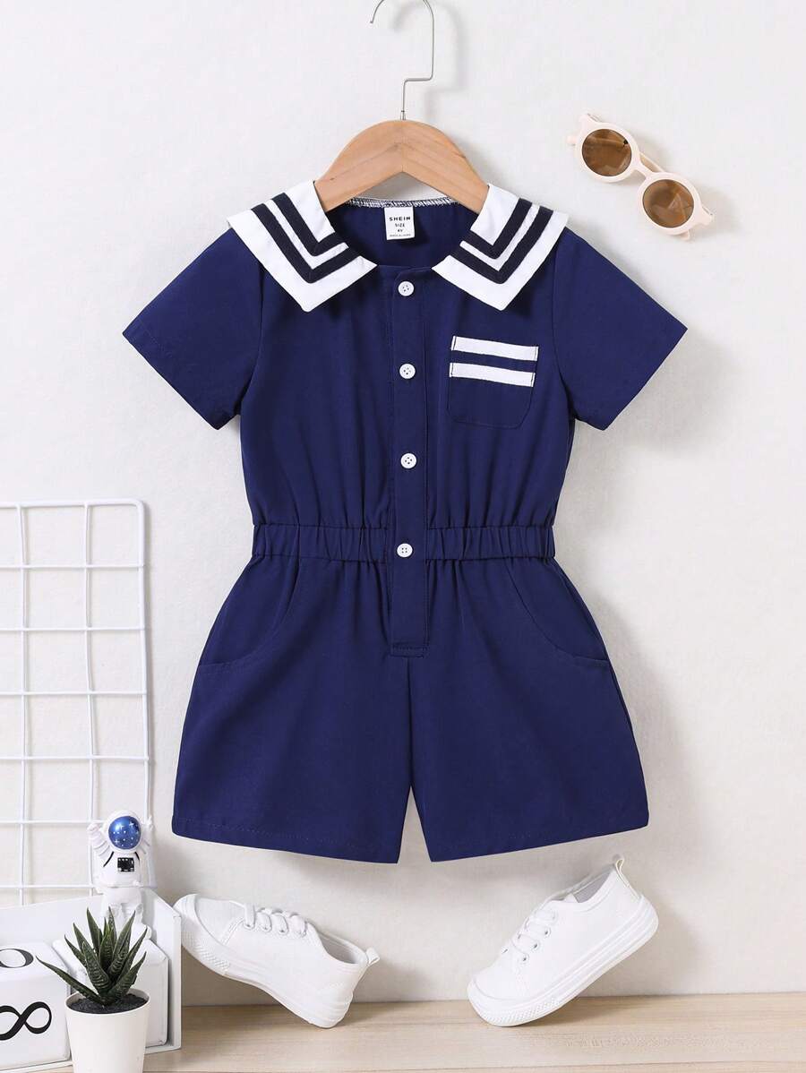 SHEIN Toddler Boys Contrast Collar Button Front Shirt Romper - Navy Blue - View 1