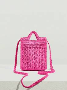 SHEIN VCAY 小鉤針編織袋素色熱粉色度假適合夏天旅行戶外 - 玫紅色 - 查看 6