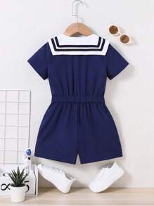 SHEIN Toddler Boys Contrast Collar Button Front Shirt Romper - Navy Blue - View 2