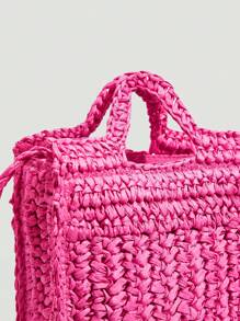 SHEIN VCAY 小鉤針編織袋素色熱粉色度假適合夏天旅行戶外 - 玫紅色 - 查看 8