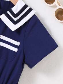 SHEIN Toddler Boys Contrast Collar Button Front Shirt Romper - Navy Blue - View 5