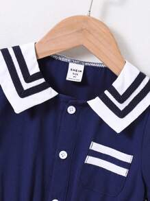 SHEIN Toddler Boys Contrast Collar Button Front Shirt Romper - Navy Blue - View 6