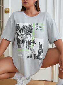 SHEIN EZwear 大碼植物和標語圖案落肩T恤 - 灰色 - 查看 5