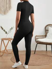 SHEIN Maternity Solid Tee & Adjustable Waist Leggings Set - Black - View 2