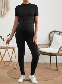 SHEIN Maternity Solid Tee & Adjustable Waist Leggings Set - Black - View 5