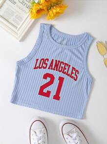 SHEIN EZwear Áo khoác và áo lót dành cho xe tăng nữ Gân đan Lá thư Giải trí - Màu xanh nhạt - Xem 1