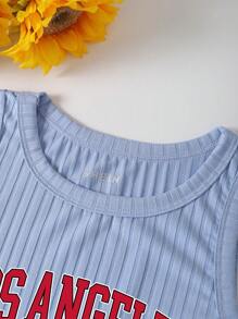 SHEIN EZwear Áo khoác và áo lót dành cho xe tăng nữ Gân đan Lá thư Giải trí - Màu xanh nhạt - Xem 3