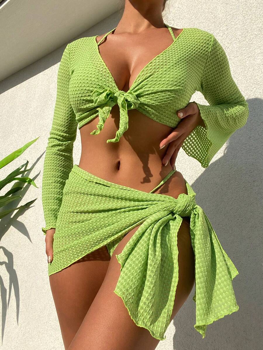 Swim SXY Summer Beach Plain Halter Triangle Bikini Set With Cover Up Set - Lime Green - View 1