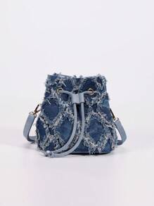 Túi đeo chéo denim mini nhuộm cà vạt, Túi đeo chéo denim màu gradient thời trang dành cho nữ, Túi đeo chéo dây kéo chần bông có viền tua rua thông thường, Thích hợp cho hàng ngày, kỳ nghỉ, kỳ nghỉ, quà tặng, trường đại học, đi làm. - Màu xanh lam - Xem 2