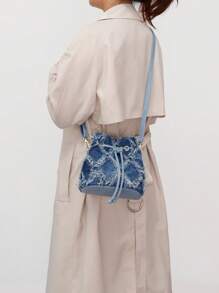 Túi đeo chéo denim mini nhuộm cà vạt, Túi đeo chéo denim màu gradient thời trang dành cho nữ, Túi đeo chéo dây kéo chần bông có viền tua rua thông thường, Thích hợp cho hàng ngày, kỳ nghỉ, kỳ nghỉ, quà tặng, trường đại học, đi làm. - Màu xanh lam - Xem 3
