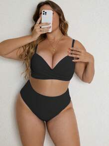 SHEIN Swim Curve Plus Size Ribbed Bikini Set Underwire Wrap Cross Push Up High Waisted Bikini Set 2 Pieces Bathing Suit Summer Beach - Black - View 1