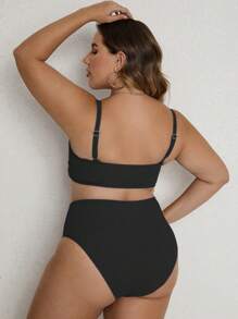 SHEIN Swim Curve Plus Size Ribbed Bikini Set Underwire Wrap Cross Push Up High Waisted Bikini Set 2 Pieces Bathing Suit Summer Beach - Black - View 2
