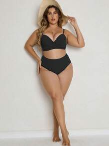 SHEIN Swim Curve Plus Size Ribbed Bikini Set Underwire Wrap Cross Push Up High Waisted Bikini Set 2 Pieces Bathing Suit Summer Beach - Black - View 3