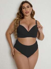 SHEIN Swim Curve Plus Size Ribbed Bikini Set Underwire Wrap Cross Push Up High Waisted Bikini Set 2 Pieces Bathing Suit Summer Beach - Black - View 4