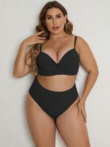 SHEIN Swim Curve Plus Size Ribbed Bikini Set Underwire Wrap Cross Push Up High Waisted Bikini Set 2 Pieces Bathing Suit Summer Beach - Black - View 5