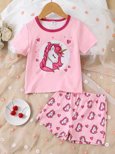 Young Girl Unicorn & Heart Print Contrast Binding PJ Set