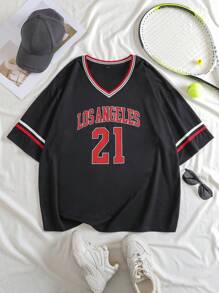 INAWLY 大碼字母圖案條紋飾邊T恤 - 黑色 - 查看 1