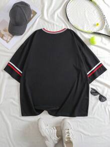 INAWLY 大碼字母圖案條紋飾邊T恤 - 黑色 - 查看 2