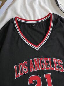 INAWLY 大碼字母圖案條紋飾邊T恤 - 黑色 - 查看 5