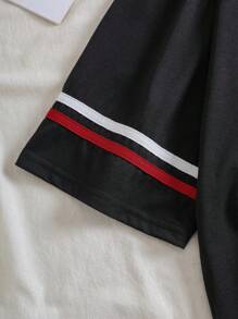 INAWLY 大碼字母圖案條紋飾邊T恤 - 黑色 - 查看 6