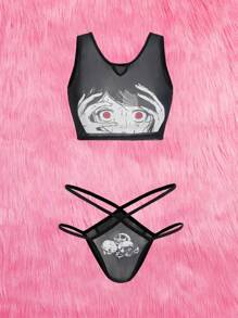 ROMWE Anime 卡通圖案網紗內衣套裝 - 黑色 - 查看 1