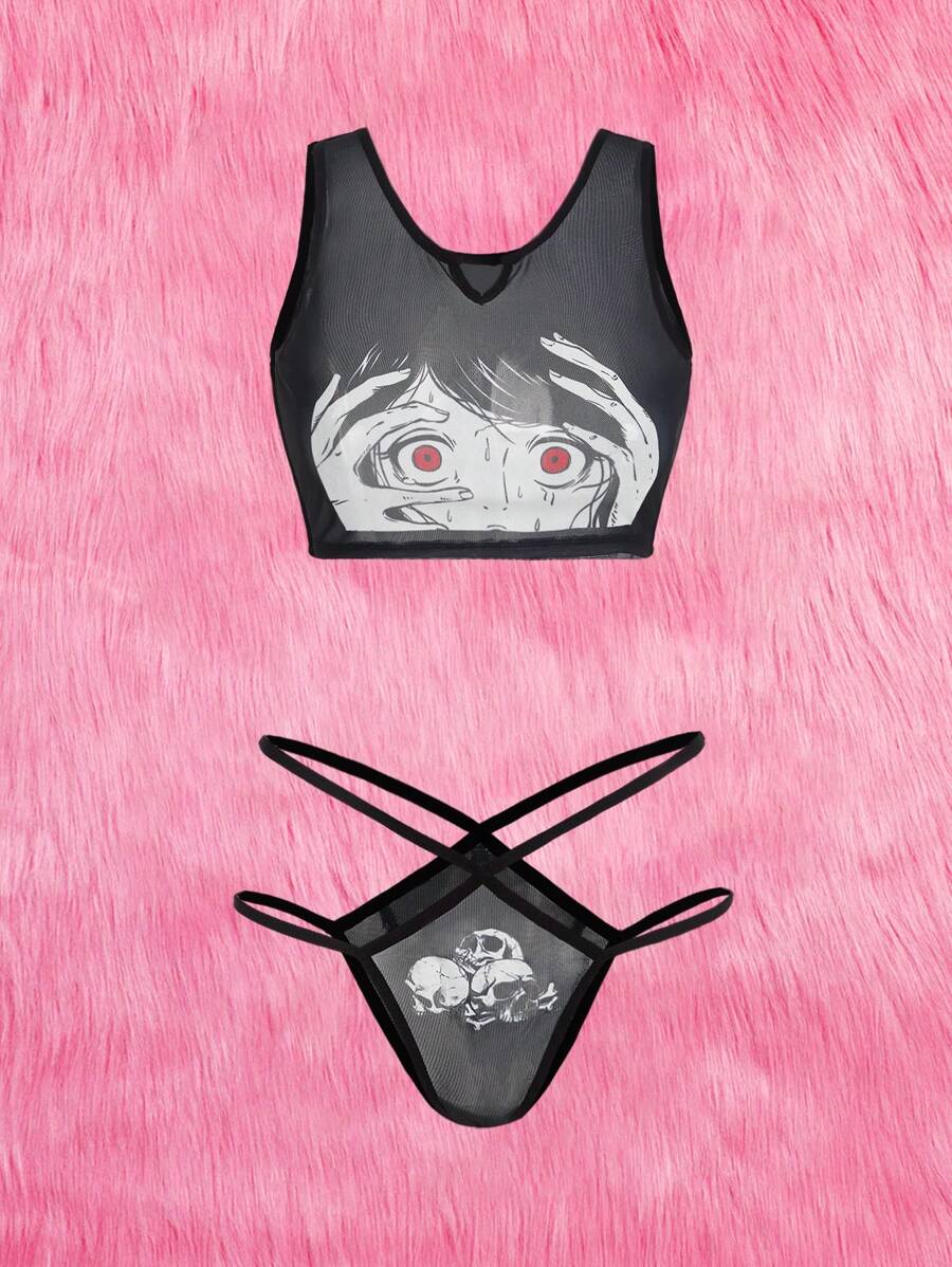 ROMWE Anime 卡通圖案網紗內衣套裝 - 黑色 - 查看 1