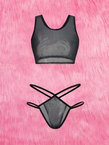 ROMWE Anime 卡通圖案網紗內衣套裝 - 黑色 - 查看 2