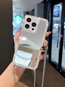 1 件水钻镜面后盖手机壳带肩带，适用于 7/8/SE2/7 Plus/8 Plus/X/XS/XR/XS Max/11/11Pro/11 Pro Max/12/12 Pro/12 Pro Max/13/13 Pro/13 Pro Max/14/14 Pro/16 Plus/14 Pro Max/15/15 Pro/15 Plus/15 Pro Max 防水防震防摔防刮