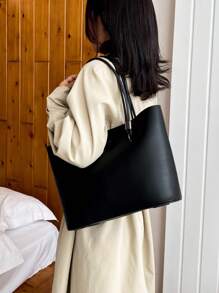 時尚休閒大容量手提包,帶肩膀休息 - 黑色 - 查看 2