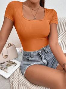 SHEIN PETITE Áo liền quần ôm nữ Gân đan màu trơn Giải trí - trái cam - Xem 4