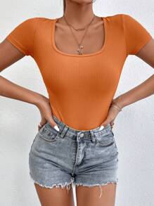 SHEIN PETITE Áo liền quần ôm nữ Gân đan màu trơn Giải trí - trái cam - Xem 5