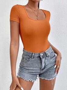 SHEIN PETITE Áo liền quần ôm nữ Gân đan màu trơn Giải trí - trái cam - Xem 6