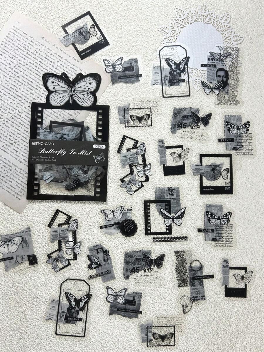 30入組/包蝴蝶和框架圖案什錦貼紙用於DIY工藝複古多用途裝飾貼紙手帳 - 彩色 - 查看 1
