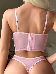 Appliques Mesh Underwire Bra & Panty Lingerie Set - Pink - View 2