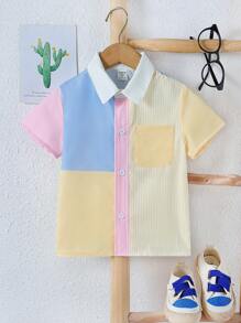 SHEIN Toddler Boys Striped Print Colourblock Pocket Patched Shirt - Multicolor - View 1