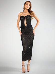 SHEIN BAE Bộ đồ hai mảnh nữ Dây kéo Chia Thắt nơ trước màu trơn Gợi cảm - màu đen - Xem 2