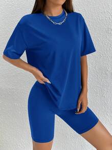 SHEIN PETITE 素色落肩T恤和騎行褲 - 藍色 - 查看 1