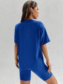 SHEIN PETITE 素色落肩T恤和騎行褲 - 藍色 - 查看 2