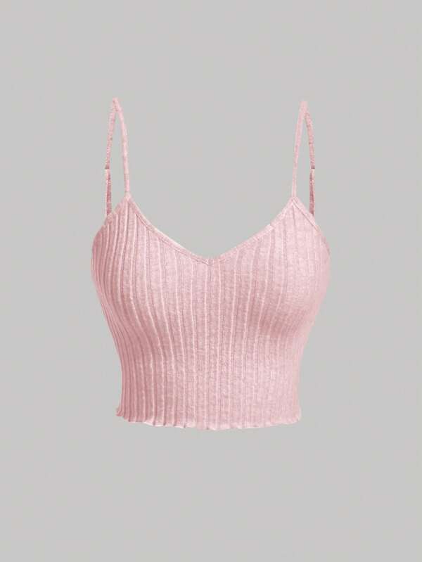 SHEIN MOD Lettuce Trim Ribbed Wavy Side Kicks Pink Cami Top