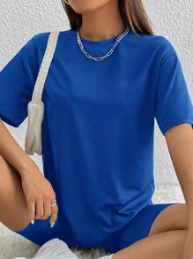 SHEIN PETITE 素色落肩T恤和騎行褲 - 藍色 - 查看 4