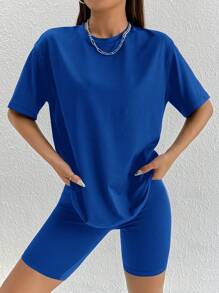 SHEIN PETITE 素色落肩T恤和騎行褲 - 藍色 - 查看 5