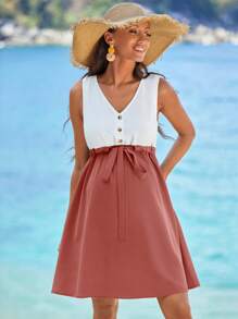 SHEIN Maternity Two Tone Drawstring Waist Dress - Rusty Rose - View 3