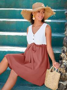 SHEIN Maternity Two Tone Drawstring Waist Dress - Rusty Rose - View 4