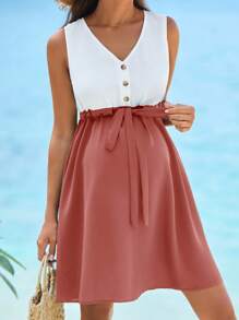 SHEIN Maternity Two Tone Drawstring Waist Dress - Rusty Rose - View 5