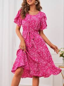 SHEIN LUNE Ditsy Floral Ruffle Hem Belted Dress