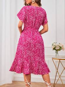 SHEIN LUNE Ditsy Floral Ruffle Hem Belted Dress