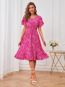 SHEIN LUNE Ditsy Floral Ruffle Hem Belted Dress